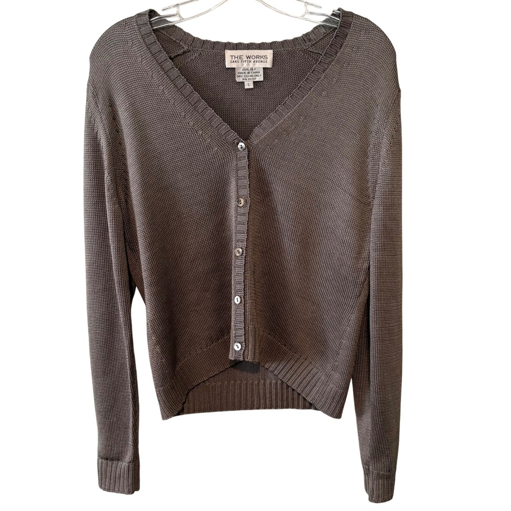 The Works Saks Fifth Avenue Grey Vintage Luster Silk Cardigan in Size L